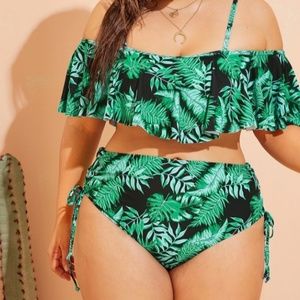 Plus Tropical Flounce Top With Tie Side Bikini